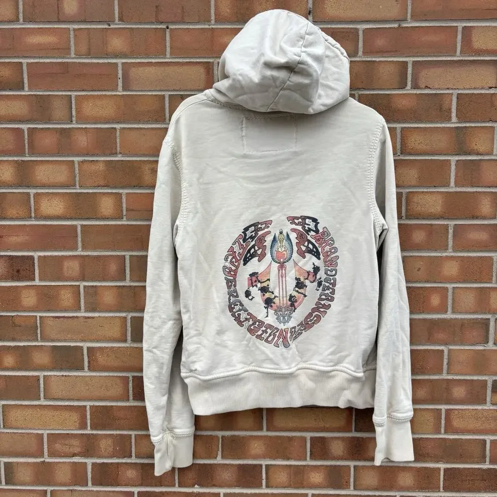 Y2K True Religion M Graphic Print Hoodie Sweatshirt Cream Streetwear Vtg Flaws